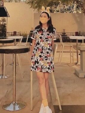 Zara Black & White Mini Dress with Multicolor Cartoon Print